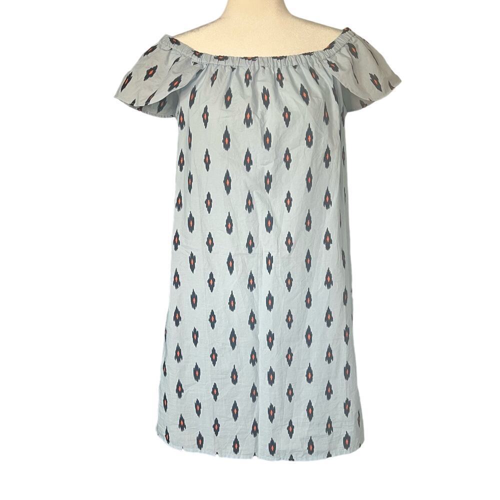 J. Crew Woman's Light Blue Orange Brush Pattern Off‎ The Shoulder Dress- Size M